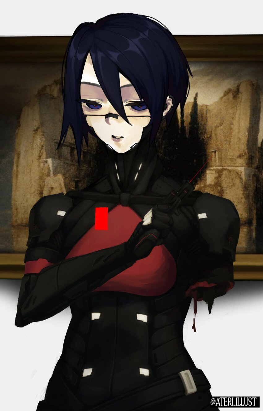 1girl, absurdres, android, ateri_illust, black_hair, blood, blue_eyes, elster_(signalis)