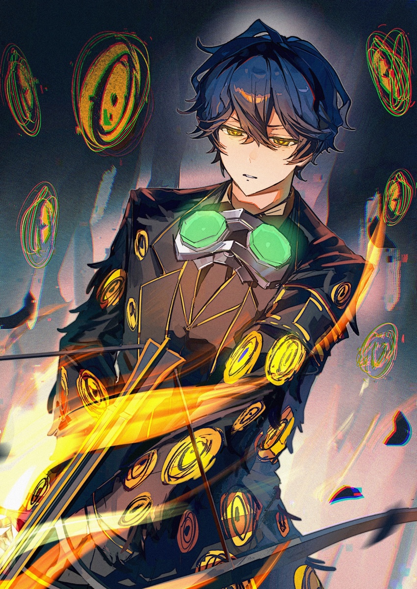 1boy, absurdres, black_coat, black_pants, black_vest, blue_hair, bow_(weapon), chromatic_aberration