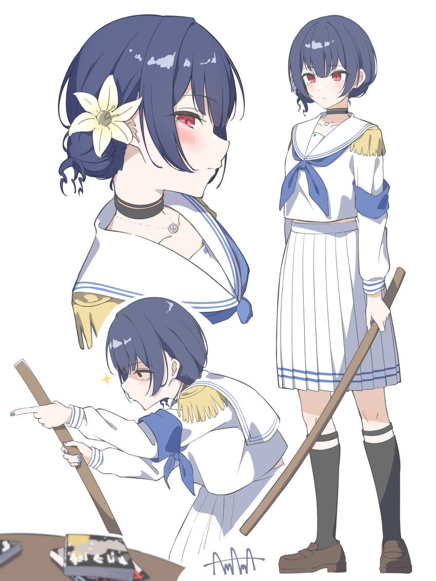 1girl, absurdres, amama_(pcnk4878), black_choker, black_socks, blue_hair, blue_nails, blue_neckerchief