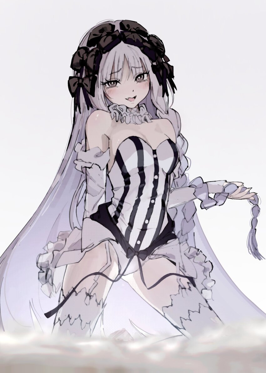 1girl, absurdres, bare_shoulders, black_bow, blush, bow, breasts, cleavage