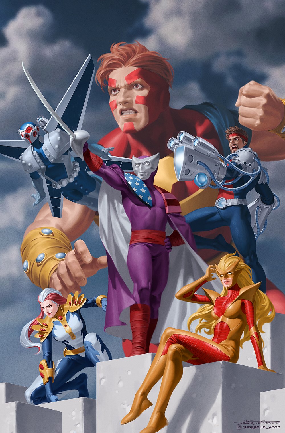 2girls, 4boys, armor, atlas_(marvel), baron_zemo, blonde_hair, blue_helmet, bodysuit, brown_eyes, cape, clenched_teeth, comic_cover, commentary, cover, cover_page, english_commentary, fixer_(marvel), gold_armor, grey_armor, gun, helmet, highres, holding, holding_sword, holding_weapon, instagram_logo, instagram_username, long_hair, mach-1_(marvel), marvel, mask, moonstone_(marvel), multicolored_hair, multiple_boys, multiple_girls, muscular, muscular_male, official_alternate_costume, orange_hair, pauldrons, pink_hair, purple_bodysuit, purple_cape, red_bodysuit, short_hair, shoulder_armor, signature, sitting, size_difference, songbird_(marvel), superhero_costume, sword, teeth, textless_version, two-sided_cape, two-sided_fabric, weapon, western_comics_(style), white_cape, white_hair, yoon_junggeun