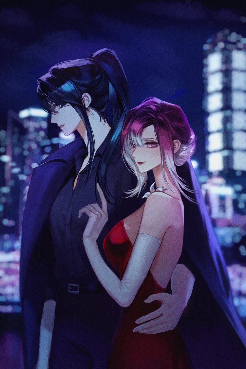 2girls, absurdres, belt, black_hair, cityscape, commentary_request, cowboy_shot, dress, elbow_gloves, gloves, gradient_hair, hand_on_another's_waist, high_ponytail, highres, korean_commentary, light_smile, lilythenight, looking_at_another, looking_at_viewer, multicolored_hair, multiple_girls, night, outdoors, path_to_nowhere, ponytail, purple_hair, rahu_(path_to_nowhere), red_dress, shalom_(path_to_nowhere), white_gloves, white_hair, yuri