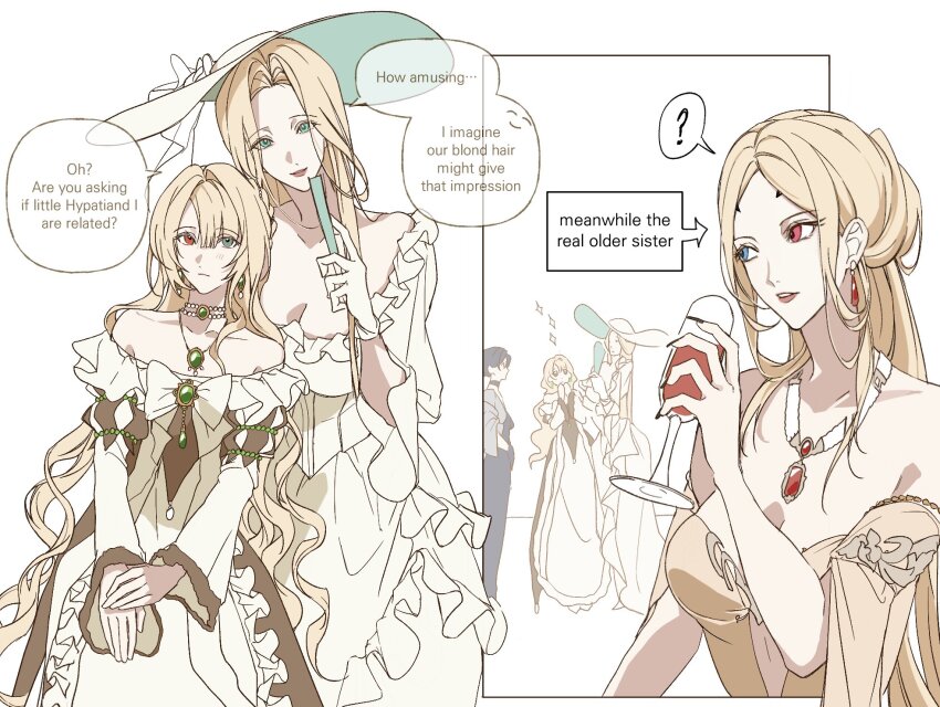 4girls, ?, blonde_hair, cup, dress, eirene_(path_to_nowhere), english_text, gloves