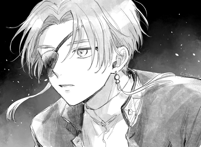1boy, chinese_clothes, closed_mouth, commentary_request, curtained_hair, earrings, eyepatch, floating_earrings