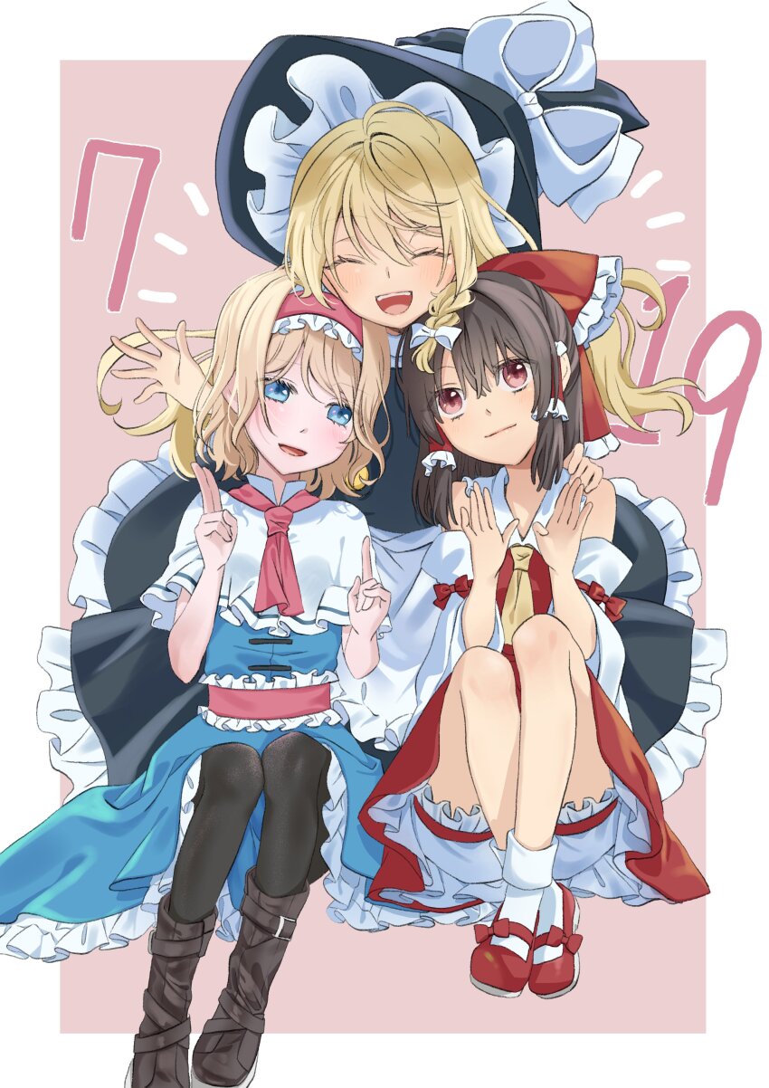 3girls, absurdres, alice_margatroid, apron, ascot, black_hat, black_pantyhose, black_skirt