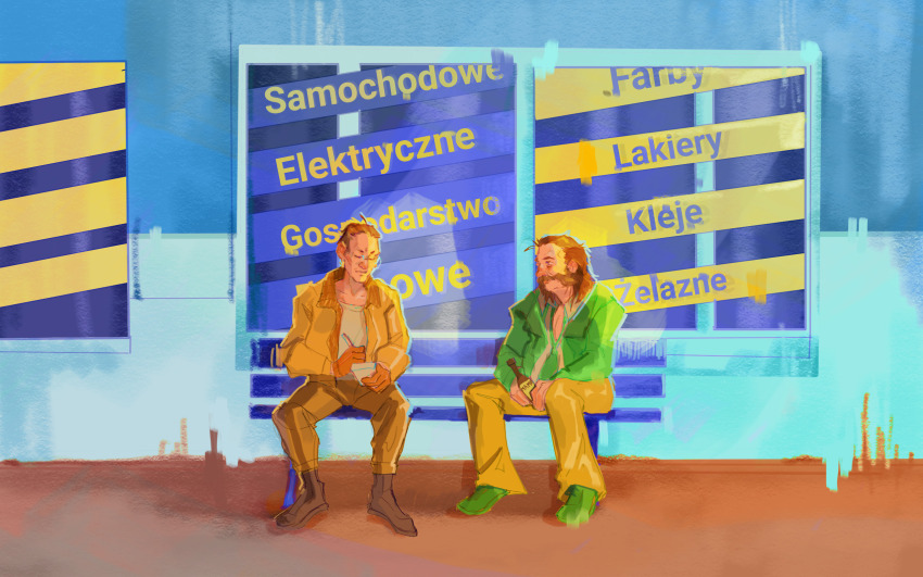 2boys, bench, brown_hair, commentary, corellevairel, disco_elysium, english_commentary, facial_hair