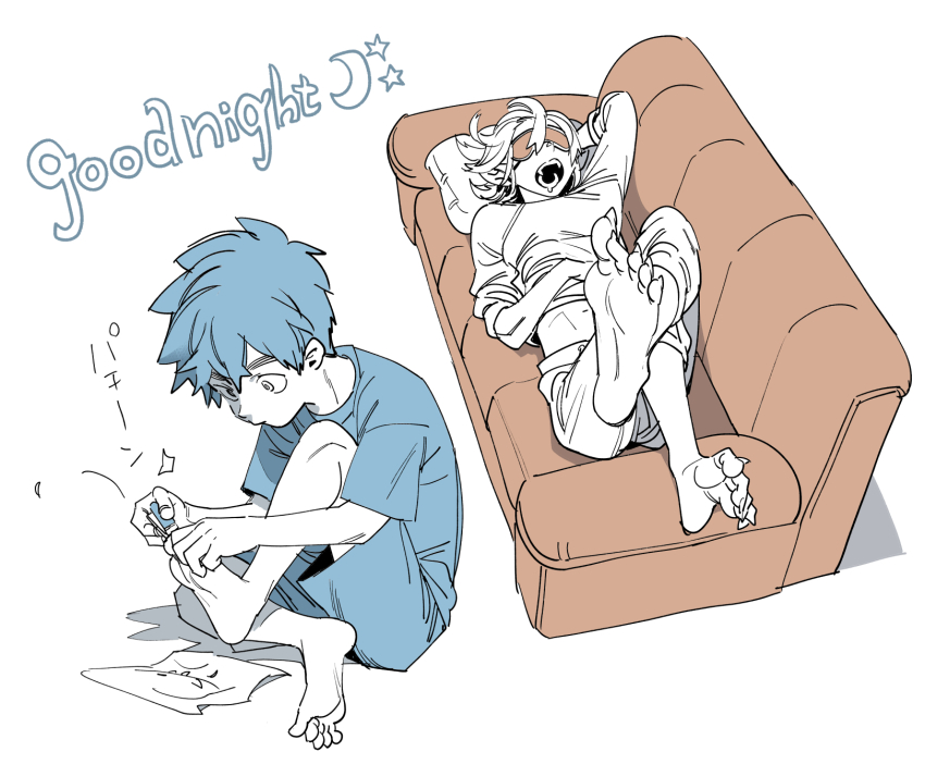 2boys, aimoto_shou_(artist), applying_pedicure, clipping_toenails, commentary, english_text, feet, full_body