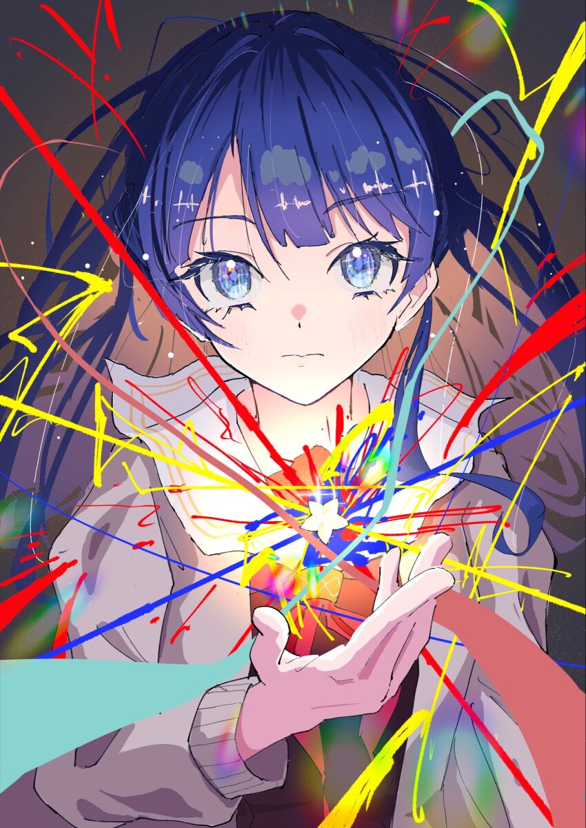 1girl, blue_eyes, blue_hair, blush, brown_cardigan, brown_dress, cardigan, closed_mouth