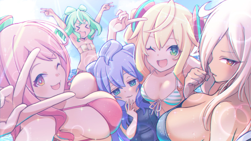 1boy, 4girls, ;d, absurdres, alternate_costume, b.t._(boob_tong), bikini, blonde_hair