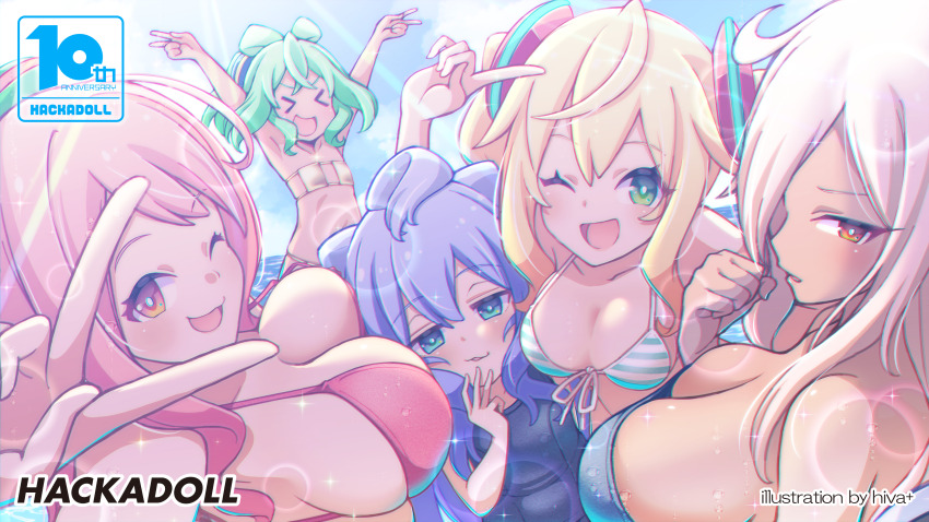 1boy, 4girls, ;d, absurdres, alternate_costume, artist_name, b.t._(boob_tong), bikini