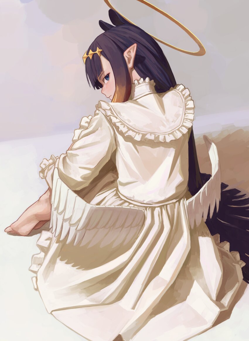 1girl, absurdres, alternate_costume, barefoot, blue_eyes, blunt_bangs, center-flap_bangs, closed_mouth, commentary, diamond_hairband, dress, feathered_wings, feet, frilled_dress, frills, from_behind, full_body, gradient_hair, hair_spread_out, halo, hashtag-only_commentary, highres, hololive, hololive_english, imfa46, long_dress, long_hair, looking_at_viewer, looking_back, low_wings, multicolored_hair, ninomae_ina'nis, orange_hair, pointy_ears, purple_hair, sidelocks, sitting, soles, solo, tentacle_hair, toes, very_long_hair, virtual_youtuber, white_dress, white_wings, wings, wings_through_clothes