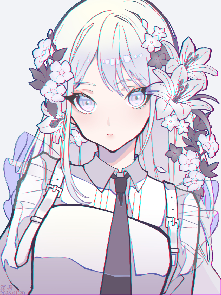 1girl, absurdres, bang_dream!, bang_dream!_our_notes, black_flower, black_necktie, collared_shirt, commentary