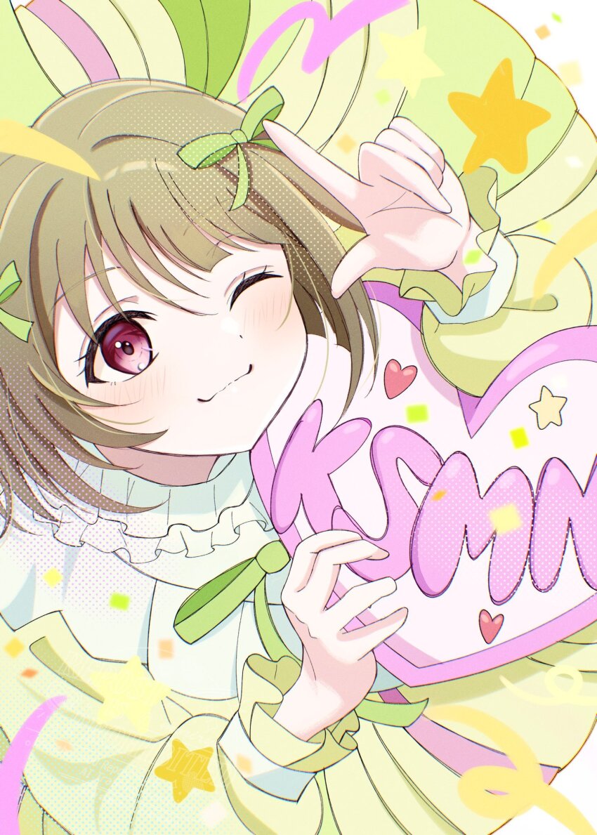 1girl, ;), blush, brown_hair, closed_mouth, commentary_request, dress, green_ribbon