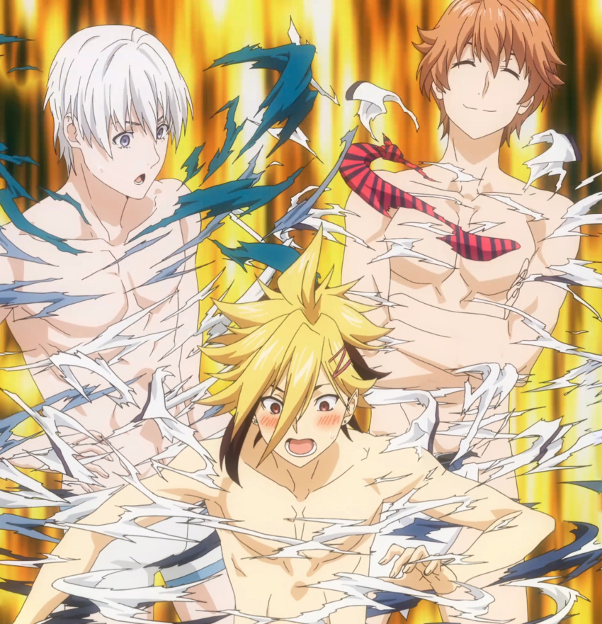 3boys, anime_screenshot, blush, boxers, closed_eyes, closed_mouth, collarbone, crossed_legs