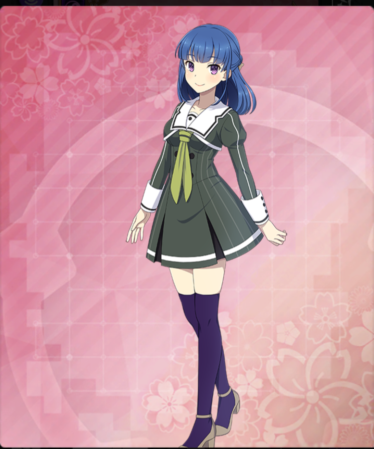 1girl, blue_hair, breasts, brown_shoes, buttons, closed_mouth, dot_nose, double-breasted