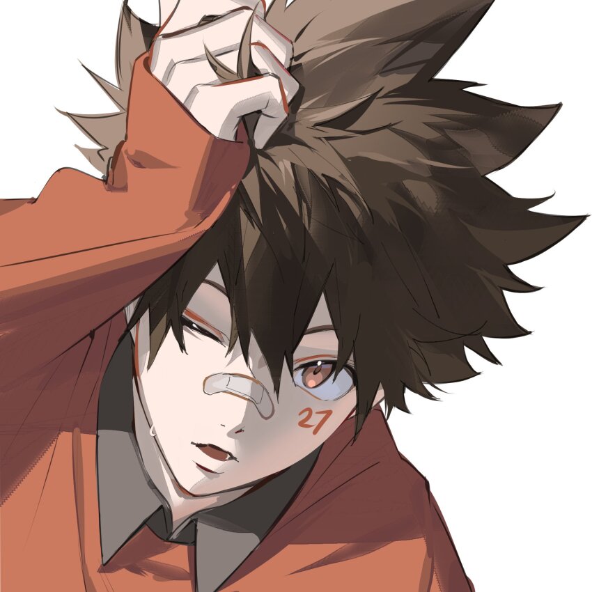 1boy, arm_up, bandaid, bandaid_on_face, bandaid_on_nose, black_shirt, brown_hair, collared_shirt