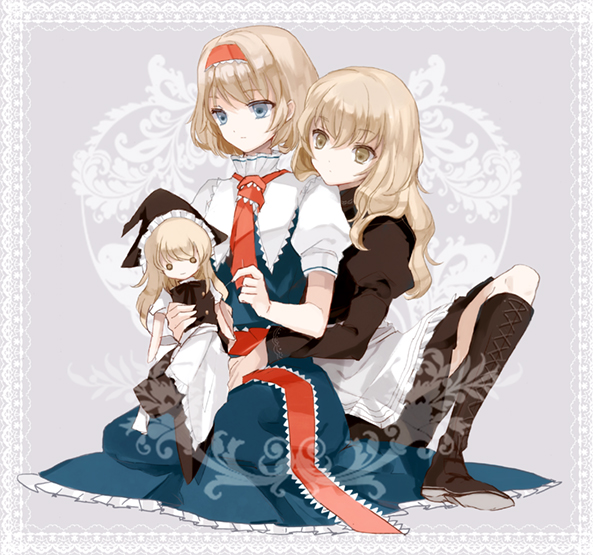 2girls, alice_margatroid, apron, bad_id, bad_pixiv_id, blonde_hair, blue_eyes, boots, capelet, character_doll, cierra_(ra-bit), doll, dress, female_focus, hairband, hat, kirisame_marisa, lace, lemona, long_hair, multiple_girls, missing_headwear, no_headwear, sash, short_hair, sitting, skirt, skirt_set, thread, touhou, witch, witch_hat, yellow_eyes
