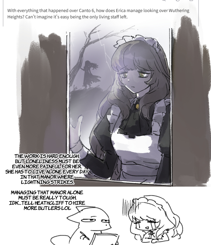 1girl, 1other, apron, artist_self-insert, ascot, black_ascot, black_dress, brooch