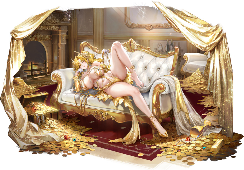 1girl, artist_request, blonde_hair, blue_gem, bottle, breasts, chalice, character_request, coin, couch, cup, daiblos_core, dress, fireplace, gem, gloves, gold_bar, gold_coin, gold_dress, gold_nails, gold_shoes, gold_sleeves, hair_ornament, highres, holding, holding_shoes, holding_unworn_clothes, jewelry, large_breasts, long_sleeves, navel, necklace, on_couch, open_mouth, pearl_necklace, red_gem, shoes, single_bare_foot, solo, stomach, treasure_chest, unworn_shoes, white_gloves, wing_hair_ornament, yellow_eyes