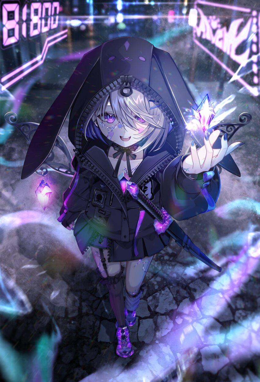 1girl, absurdres, bandaid, bandaid_on_face, bandaid_on_nose, black_jacket, black_skirt, chest_jewel, commentary, gem, grey_hair, highres, hololive, hololive_english, jacket, jewel_under_eye, koseki_bijou, koseki_bijou_(casual), looking_at_viewer, official_alternate_costume, official_alternate_hairstyle, pepamaro, purple_eyes, purple_gem, shirt, short_hair, skirt, solo, sword, untranslatable_commentary, thighhighs, tomato_(sword), virtual_youtuber, weapon