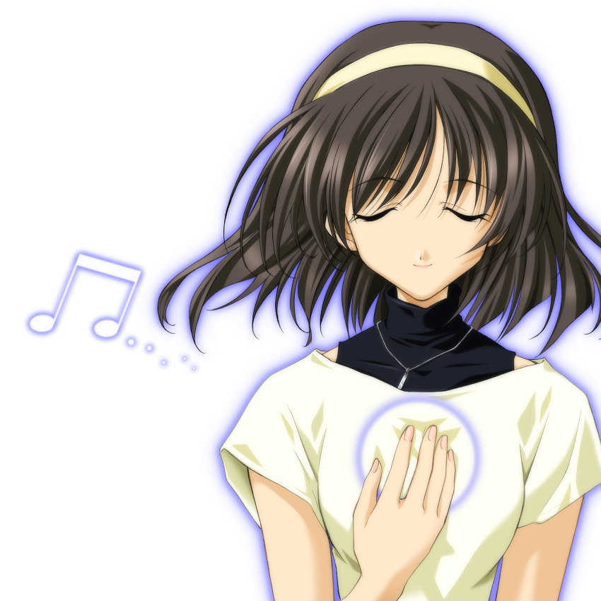 1girl, brown_hair, closed_eyes, hair_ornament, hairband, hand_on_own_chest, highres, imasaka_yue