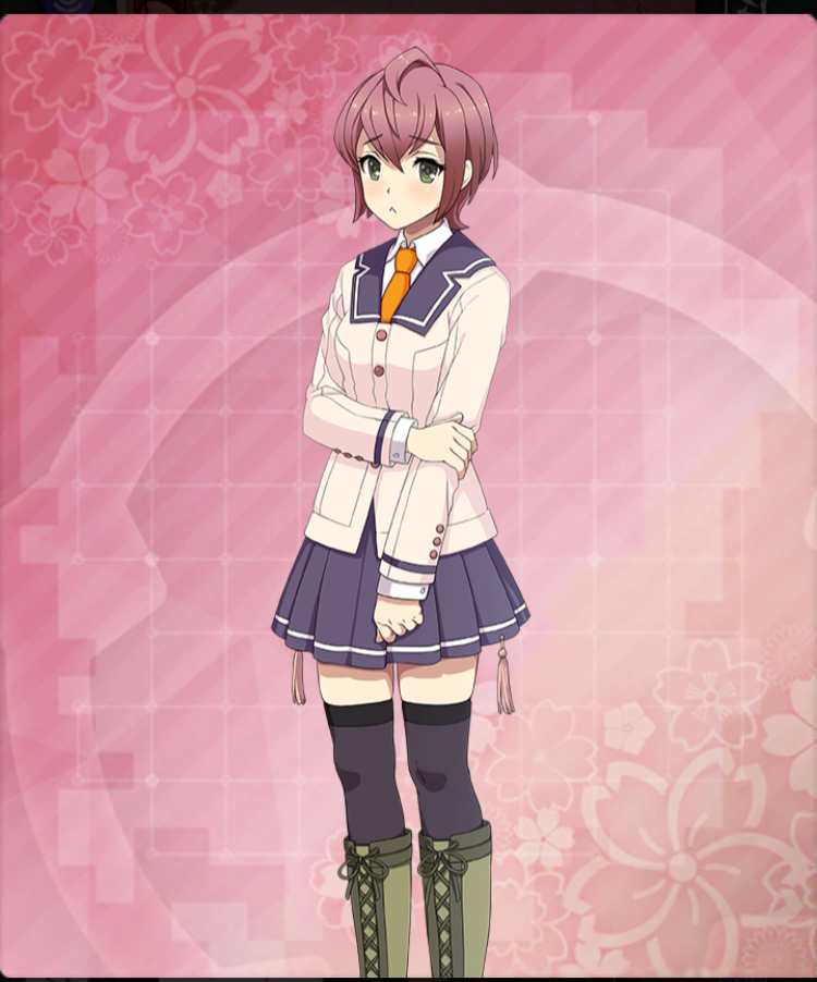 1girl, :<, ahoge, black_thighhighs, blazer, blue_sailor_collar, blue_skirt, boots, breasts, buttons, closed_mouth, double-parted_bangs, feet_out_of_frame, floral_background, game_cg, green_boots, green_eyes, hand_on_own_arm, jacket, layered_sleeves, long_sleeves, nagasaki_sumi, necktie, official_art, pink_background, pink_hair, renpu_girls_school_uniform, sailor_collar, school_uniform, shirt, short_hair, skirt, small_breasts, solo, tassel, thighhighs, third-party_source, toji_no_miko, toji_no_miko:_kizamishi_issen_no_tomoshibi, white_jacket, white_shirt, yellow_necktie, zettai_ryouiki