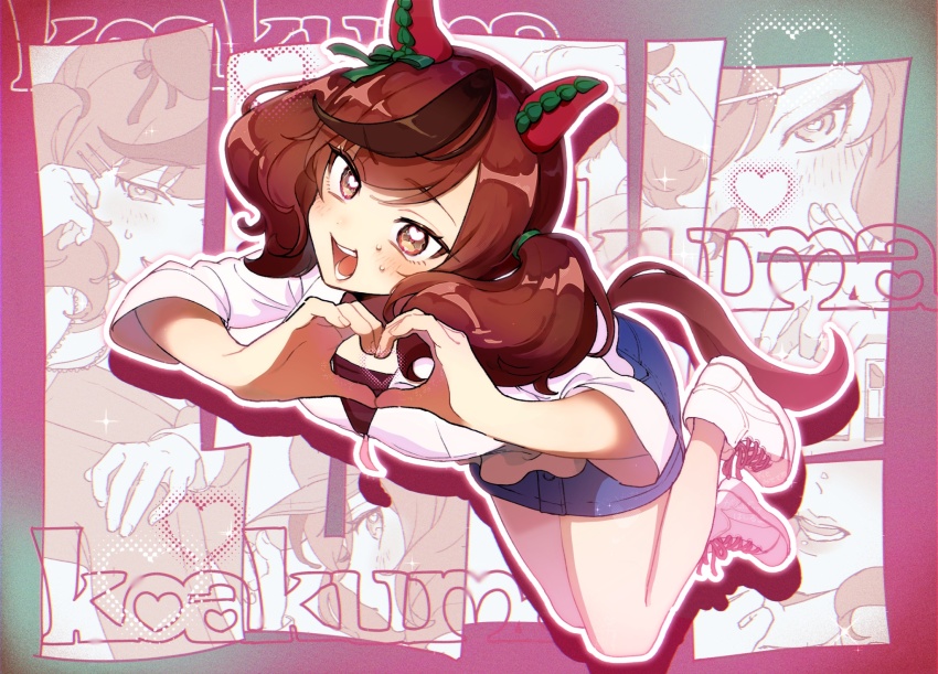 1girl, animal_ears, black_hair, blue_skirt, blush, brown_hair, brown_tail, commentary_request