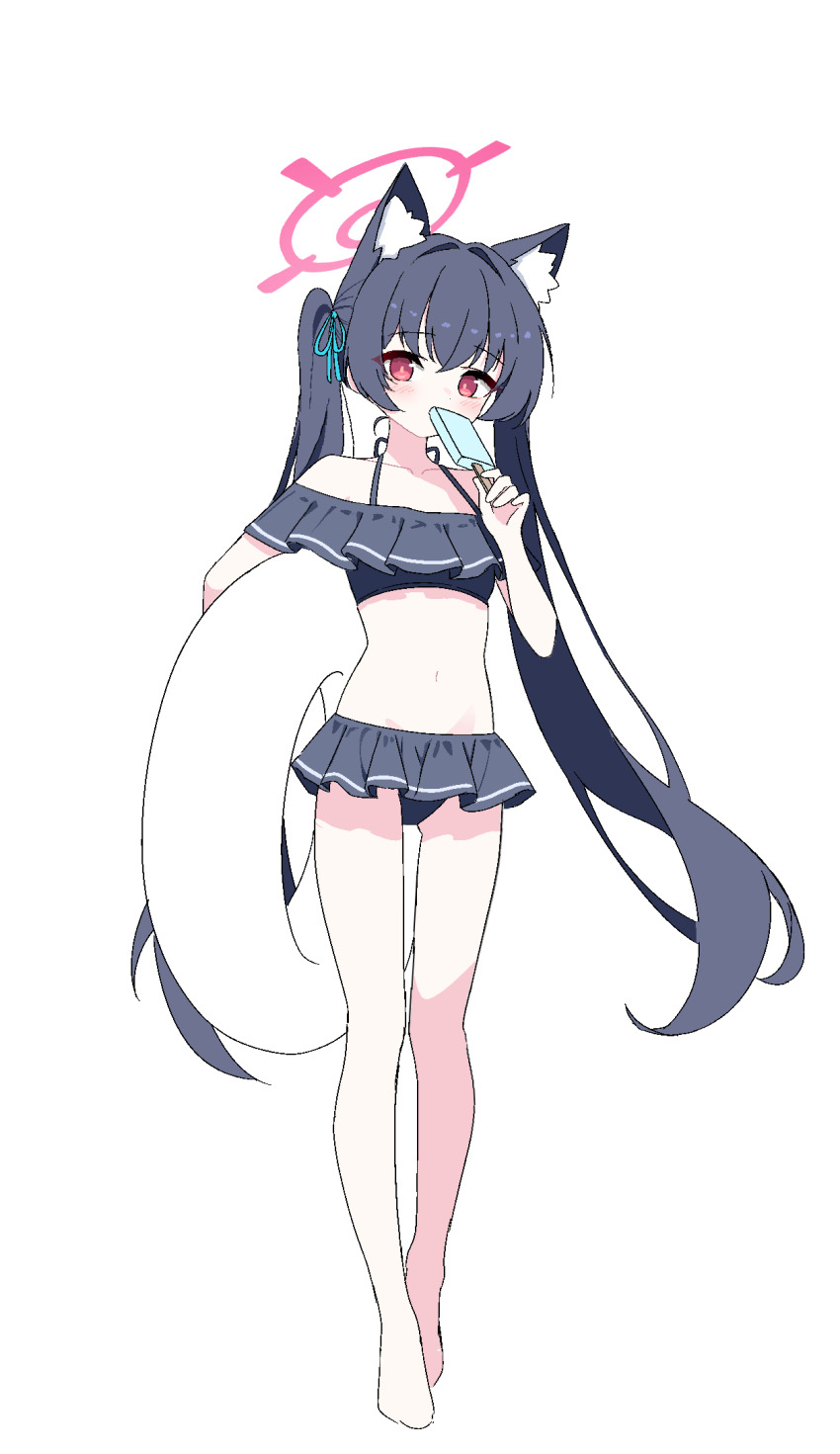 1girl, animal_ears, bare_shoulders, barefoot, blue_archive, cat_ears, cat_girl, commentary_request