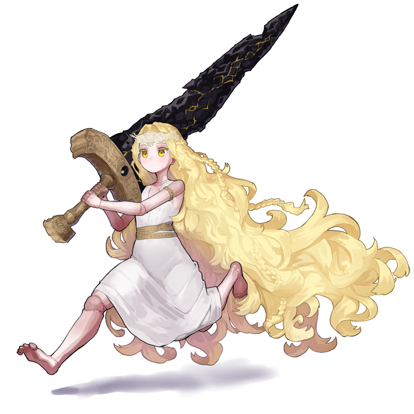 1boy, absurdly_long_hair, absurdres, barefoot, big_hair, blonde_hair, braid, closed_mouth, commentary_request, doll_joints, dress, ekrea_jan, elden_ring, full_body, highres, holding, huge_weapon, joints, long_hair, looking_to_the_side, male_focus, maliketh's_black_blade, miquella_(elden_ring), pelvic_curtain, running, shadow, simple_background, sleeveless, sleeveless_dress, solo, sword, trap, very_long_hair, wavy_hair, weapon, white_background, white_dress, yellow_eyes