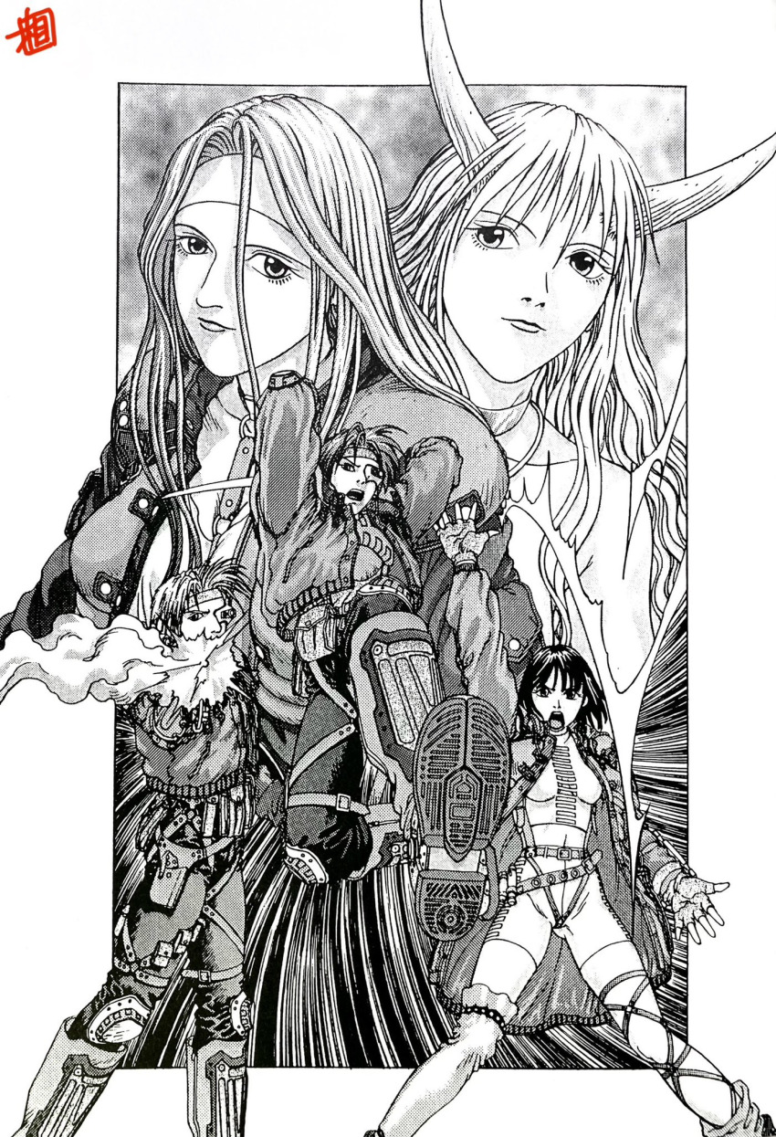 2boys, 3girls, aizaki_katsumi, belt_pouch, breasts, demon_(megami_tensei), fingerless_gloves, firing