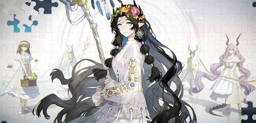 1boy, 4girls, absurdres, arknights, belt_pouch, black_hair, black_horns, blue_eyes, blue_flower, chinese_commentary, closed_mouth, commentary_request, cowboy_shot, demon_girl, demon_horns, dress, eikthyrnir_(arknights), facial_mark, five-fall, floral_print, floral_print_dress, flower, forehead_mark, from_side, full_body, highres, holding, holding_staff, horns, light_smile, long_hair, long_sleeves, looking_at_viewer, magallan_(arknights), mole, mole_under_mouth, multi-tied_hair, multiple_girls, multiple_horns, official_artist_extra, pouch, print_dress, puzzle, sandals, santalla_(arknights), see-through_clothes, see-through_sleeves, solo_focus, staff, standing, typhon_(arknights), valarqvin_(arknights), valarqvin_(midskog_fika)_(arknights), very_long_hair, wavy_hair, white_dress, white_sandals, wooden_staff