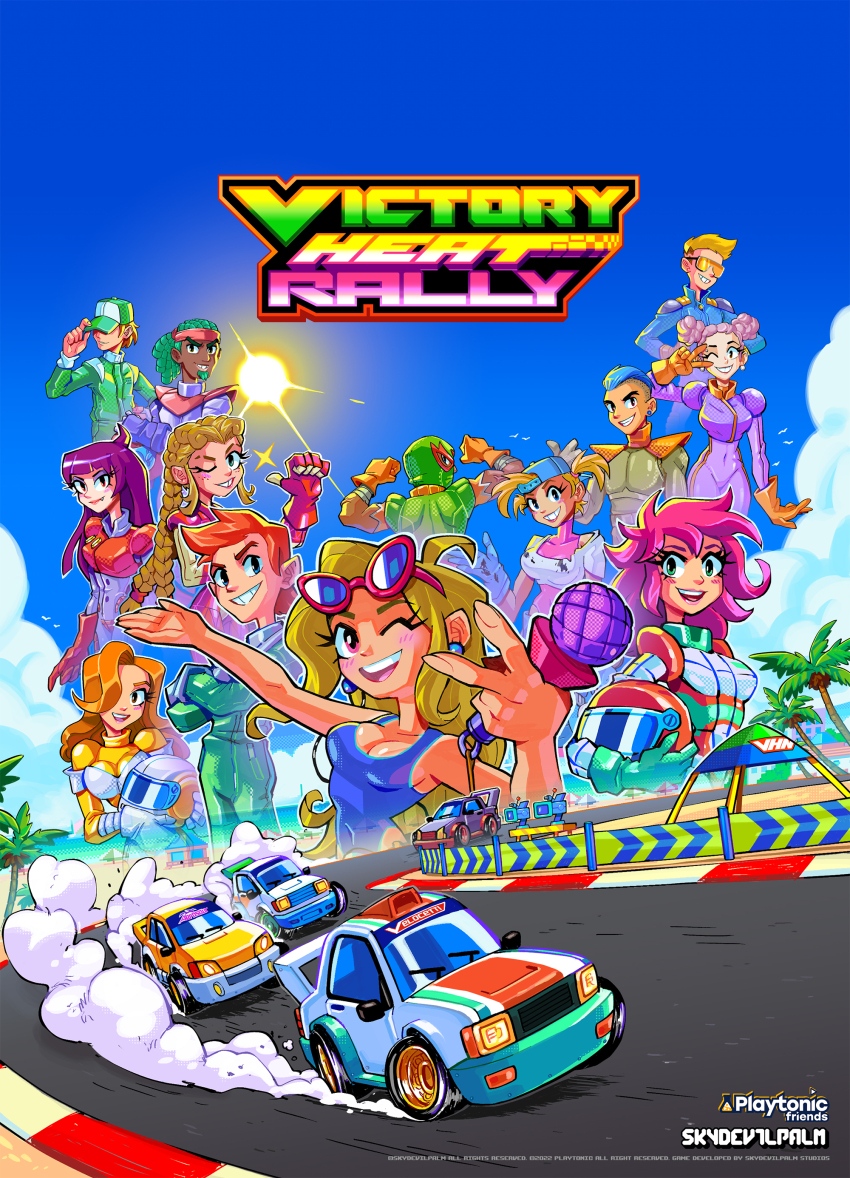 5boys, 6+girls, absurdres, ace_(victory_heat_rally), ahoge, anais_(victory_heat_rally), bad_adobe_portfolio_link, bad_link, bare_hips, beach, bird, blonde_hair, blue_eyes, blue_gloves, blue_hat, blue_racing_suit, blue_shirt, blue_sky, blunt_bangs, blush, braid, breasts, car, cleavage, cloud, colored_eyelashes, copyright_name, covered_navel, crew_cut, crossed_arms, dark-skinned_male, dark_skin, detached_sleeves, dirty, dirty_clothes, double_bun, earrings, eliz0r, eyebrow_piercing, eyelashes, eyewear_on_head, face_piercing, facial_hair, fang, freckles, from_behind, gloves, goatee, green_eyes, green_gloves, green_hat, green_mask, green_racing_suit, hair_bun, hair_over_eyes, hairband, hand_on_own_hip, hands_on_own_hips, hat, hawk_(victory_heat_rally), helmet, highres, holding, holding_microphone, holding_unworn_helmet, jewelry, kenzie_(victory_heat_rally), krissi_(victory_heat_rally), lana_(victory_heat_rally), large_breasts, long_hair, long_sleeves, looking_at_viewer, looking_to_the_side, luchador_mask, lucy_(victory_heat_rally), mask, microphone, minji_(victory_heat_rally), mohawk, motor_vehicle, multicolored_racing_suit, multiple_boys, multiple_girls, muscular, muscular_male, official_art, one_eye_closed, open_mouth, orange_gloves, orange_hair, orange_helmet, palm_tree, pepe_(victory_heat_rally), piercing, pink_gloves, pink_hair, pointing, pointing_at_self, purple_gloves, purple_hair, purple_racing_suit, race_vehicle, racecar, racing_suit, rally_car, red_hairband, renzo_(victory_heat_rally), rope_braid, sally_mcrally, seagull, shirt, short_sleeves, sky, smile, sun, sunglasses, teeth, tommy_(victory_heat_rally), tree, tv_camera, twin_braids, twintails, two-tone_hat, unworn_headwear, unworn_helmet, upper_body, upper_teeth_only, v, victory_heat_rally, wavy_hair, white_gloves, white_hat, white_helmet, white_shirt, yellow_racing_suit