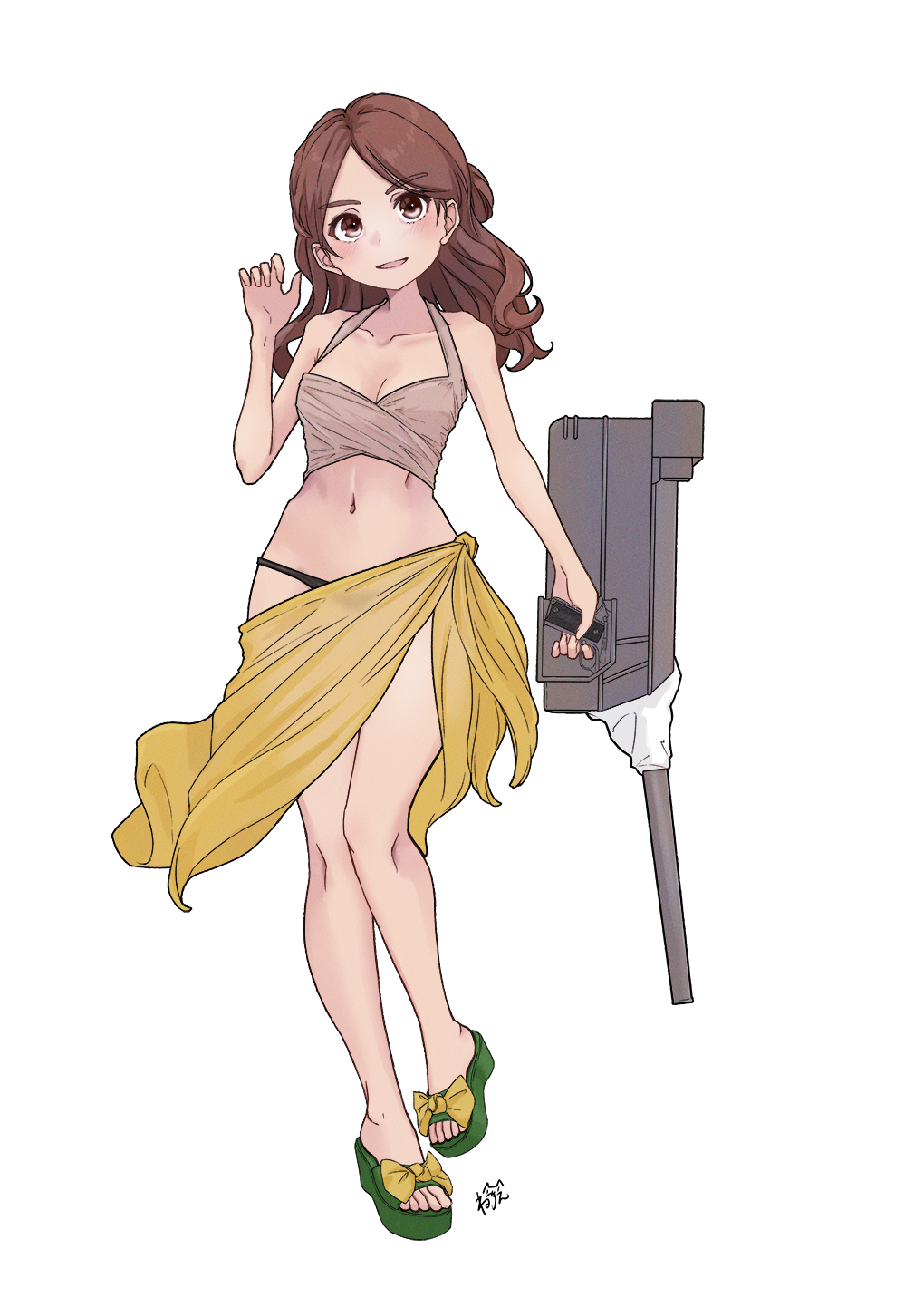 1girl, adapted_costume, adapted_turret, bikini, black_bikini, breasts, brown_bikini, brown_eyes