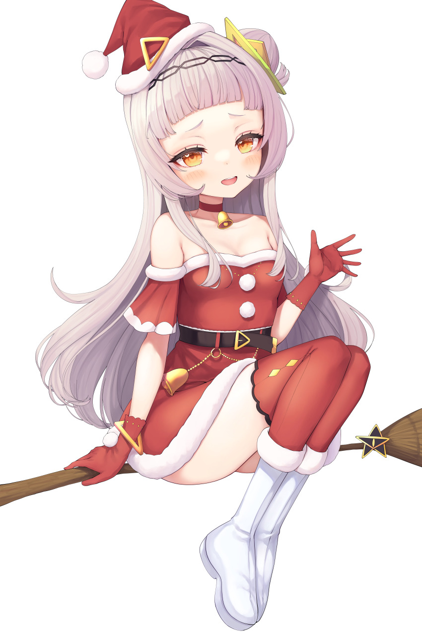 1girl, absurdres, arched_bangs, bare_shoulders, bell, belt, black_belt, blush, boots, braid, breasts, broom, broom_riding, chain, choker, christmas, commentary, detached_sleeves, dress, full_body, fur-trimmed_boots, fur-trimmed_dress, fur-trimmed_headwear, fur_buttons, fur_trim, gloves, gold_chain, grey_hair, hair_bun, hair_ornament, hairband, half_up_braid, hat, heart, heart_in_eye, highres, hololive, hololive_christmas_outfit, kage_(ka_9e_4su), knees_up, long_hair, long_sidelocks, looking_at_viewer, mini_hat, mini_santa_hat, murasaki_shion, neck_bell, official_alternate_costume, open_hand, open_mouth, petite, raised_inner_eyebrows, red_choker, red_dress, red_gloves, red_hat, red_thighhighs, ringed_eyes, santa_hat, short_dress, short_eyebrows, side_up_bun, sidelocks, simple_background, single_side_bun, sitting, small_breasts, solo, strapless, strapless_dress, symbol_in_eye, thighhighs, transparent_background, triangle_hair_ornament, very_long_hair, virtual_youtuber, waving, white_boots, yellow_eyes