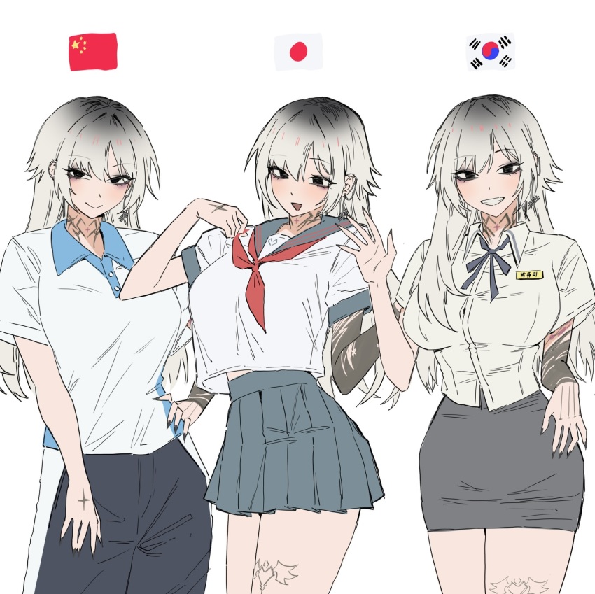 1girl, :d, absurdres, alternate_costume, arm_tattoo, black_eyes, black_pants, black_ribbon, black_skirt, blue_sailor_collar, blue_skirt, blush, breasts, chinese_school_uniform, collared_shirt, dress, fingernails, gradient_background, grey_hair, hand_on_own_hip, hand_tattoo, highres, japanese_flag, jyuri_(shouz), large_breasts, leg_tattoo, looking_at_viewer, multiple_views, neck_ribbon, neckerchief, open_mouth, original, pants, pencil_skirt, people's_republic_of_china_flag, pleated_skirt, red_neckerchief, ribbon, sailor_collar, sailor_dress, school_uniform, serafuku, sharp_fingernails, shirt, short_sleeves, shouz, simple_background, skirt, smile, south_korean_flag, tattoo, teeth, white_background, white_hair, white_shirt, winged_heart, winged_heart_tattoo