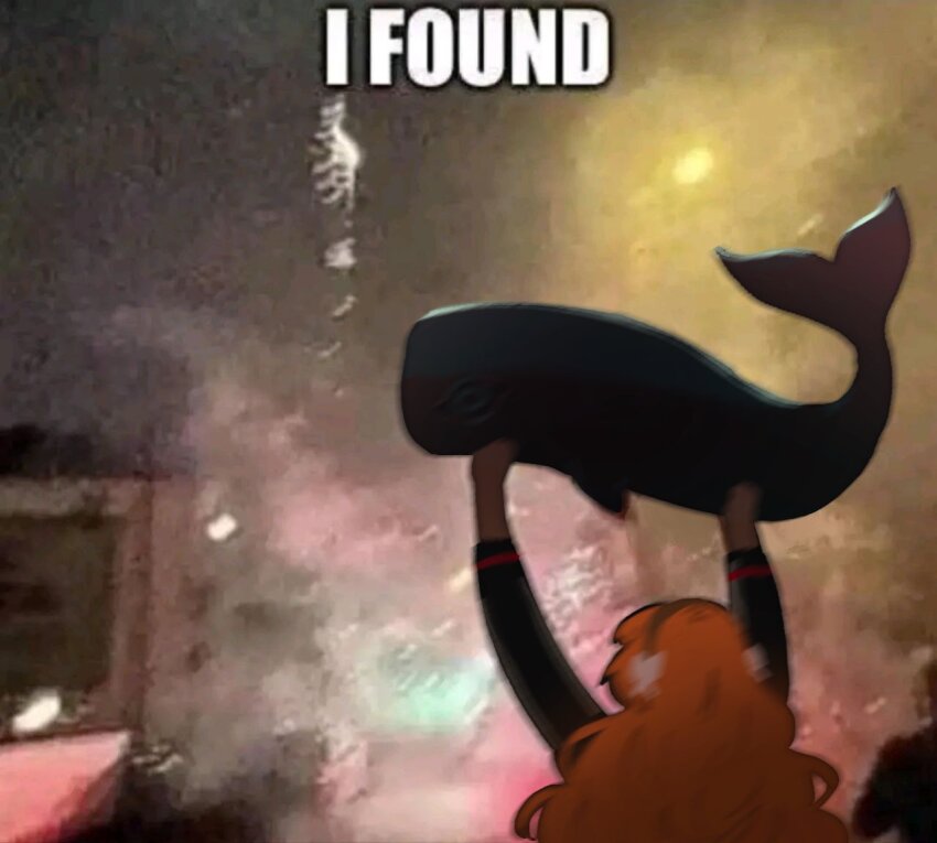 1girl, animal, blurry, commentary, english_commentary, english_text, fish, holding, holding_animal, holding_fish, i_found_(meme), impact_(font), ishmael_(project_moon), limbus_company, long_hair, meme, minialily, orange_hair, project_moon, solo, wavy_hair, whale