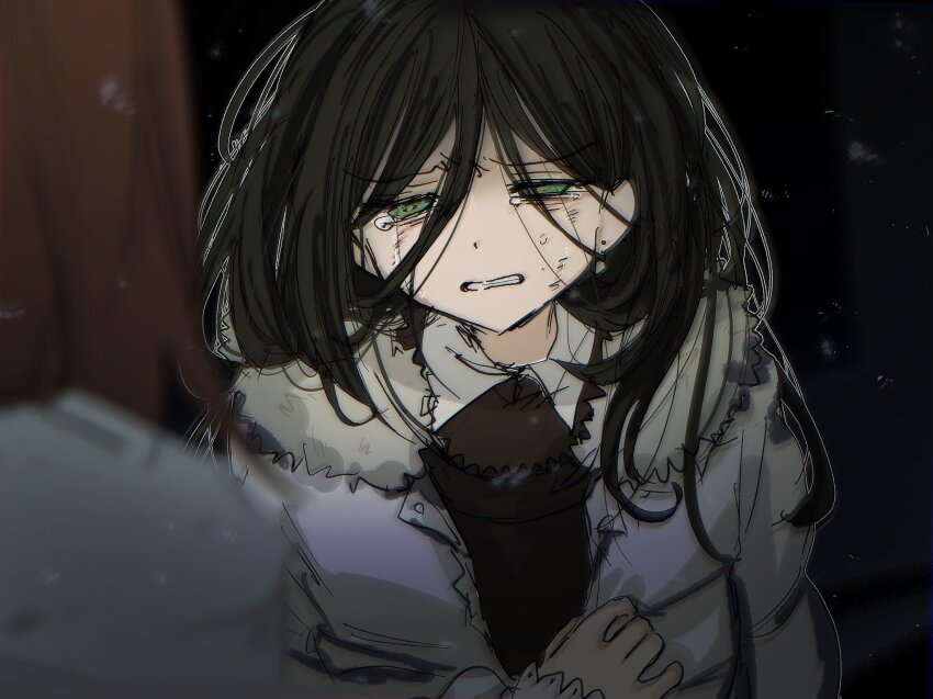 2girls, apron, asya_shubina, black_apron, black_hair, brown_dress, brown_hair, dress