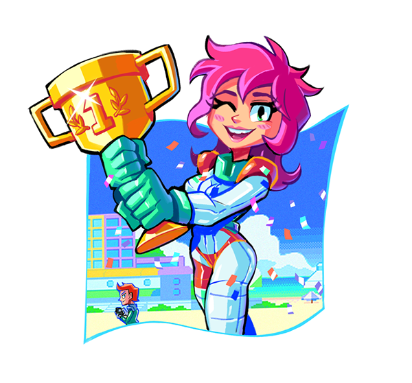 1boy, 1girl, bad_link, beach, beach_umbrella, blue_sky, blush, building, cloud, clyde_(victory_heat_rally), confetti, eliz0r, gloves, green_gloves, green_racing_suit, holding, holding_trophy, krissi_(victory_heat_rally), looking_at_another, looking_at_viewer, multicolored_racing_suit, official_art, one_eye_closed, open_mouth, orange_hair, orange_racing_suit, pink_hair, racing_suit, sky, teeth, transparent_background, trophy, umbrella, upper_teeth_only, victory_heat_rally, wavy_hair, white_racing_suit