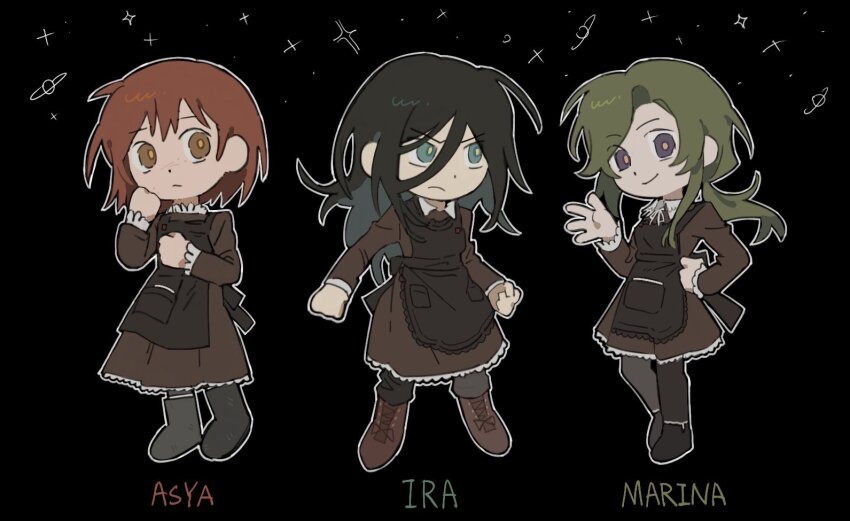 3girls, apron, asya_shubina, black_apron, black_background, black_hair, boots, brown_dress