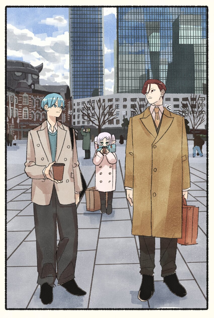 1girl, 2boys, black_pants, blue_eyes, blue_hair, blue_scarf, blue_sweater, briefcase