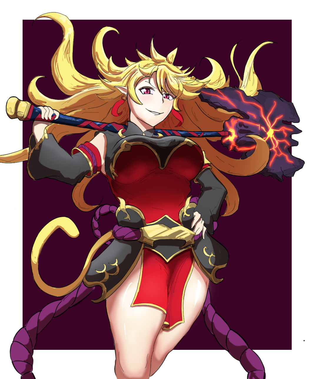 axe, blonde_hair, breasts, chaos_sun_wukong_(grimms_notes), chinese_clothes, evveses, grimms_notes, grin