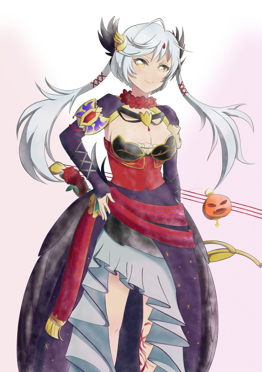 1girl, bow_(weapon), breasts, chaos_karen_(grimms_notes), cleavage, closed_mouth, fruitboots, grey_hair