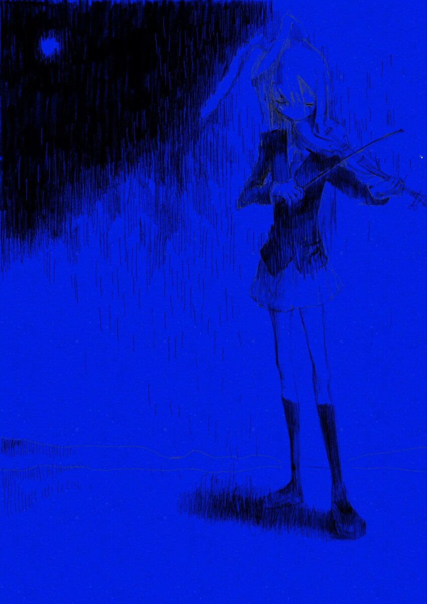 1girl, animal_ears, blue_theme, boots, closed_eyes, fabit609, facing_viewer, formal_clothes