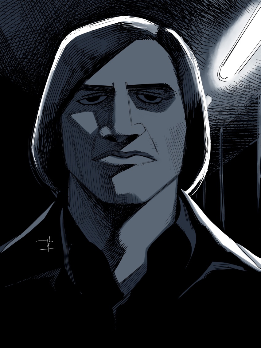 1boy, absurdres, anton_chigurh, closed_mouth, collared_shirt, greyscale, highres, looking_at_viewer, male_focus, manabu_yashiro, monochrome, no_country_for_old_men, shirt, short_hair, solo, upper_body