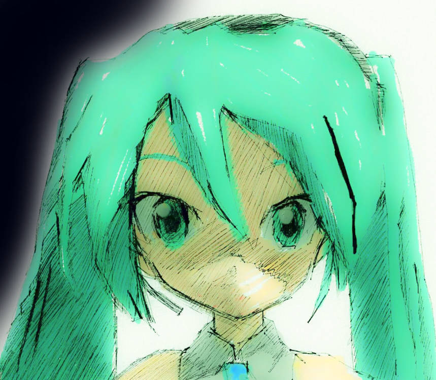 1girl, blue_eyes, blue_hair, blue_necktie, collared_shirt, fabit609, grey_shirt, hatsune_miku, long_hair, looking_at_viewer, necktie, portrait, shaded_face, shirt, sketch, sleeveless, sleeveless_shirt, solo, straight-on, twintails, vocaloid
