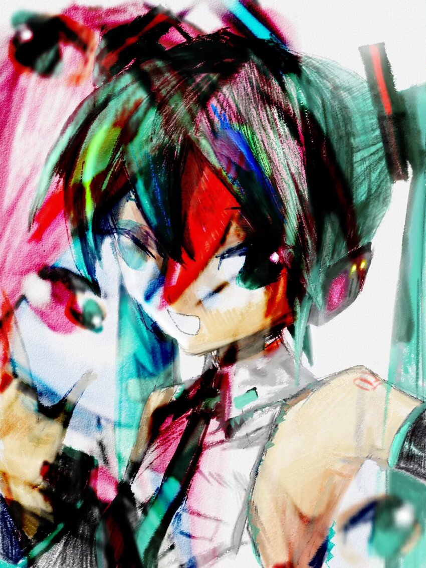 1girl, armpits, black_gloves, blue_eyes, blue_hair, collared_shirt, double_exposure, elbow_gloves, fabit609, gloves, hair_ornament, hatsune_miku, highres, long_hair, looking_at_viewer, mixed_media, multiple_views, necktie, number_tattoo, open_mouth, portrait, shirt, shoulder_tattoo, sleeveless, sleeveless_shirt, smile, straight-on, tattoo, twintails, upper_body, vocaloid, white_shirt