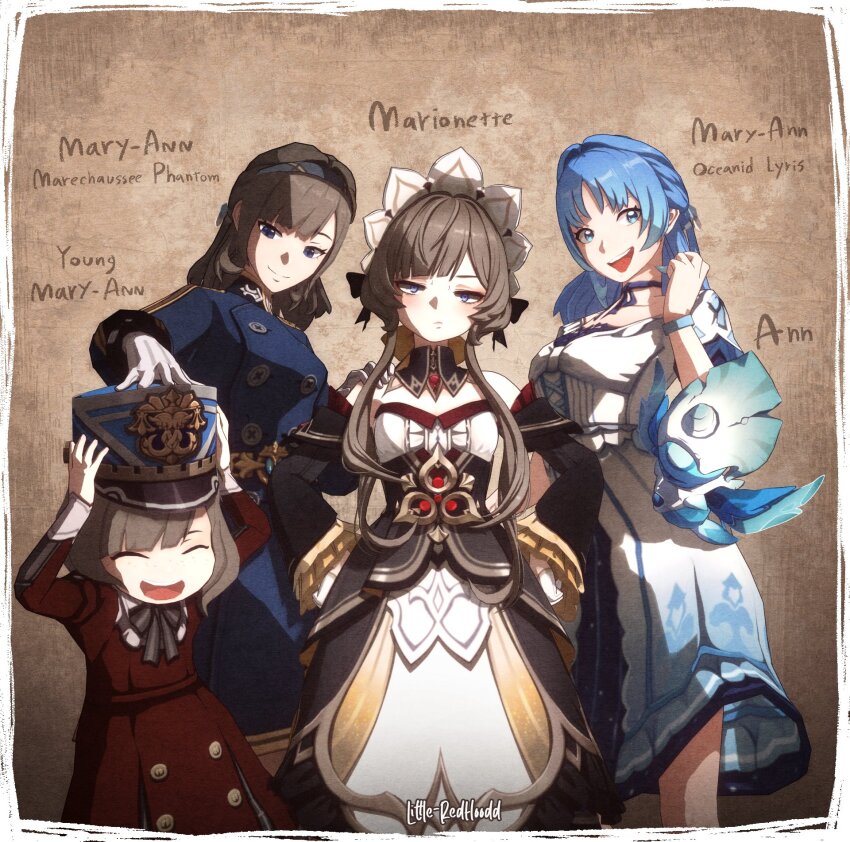 1other, 4girls, ann_(genshin_impact), bare_shoulders, blue_eyes, blue_hair, breasts, brown_hair