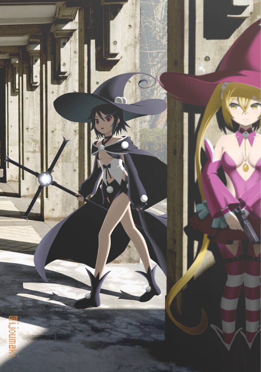 2girls, black_hair, blonde_hair, boots, breasts, cape, choker, commentary_request