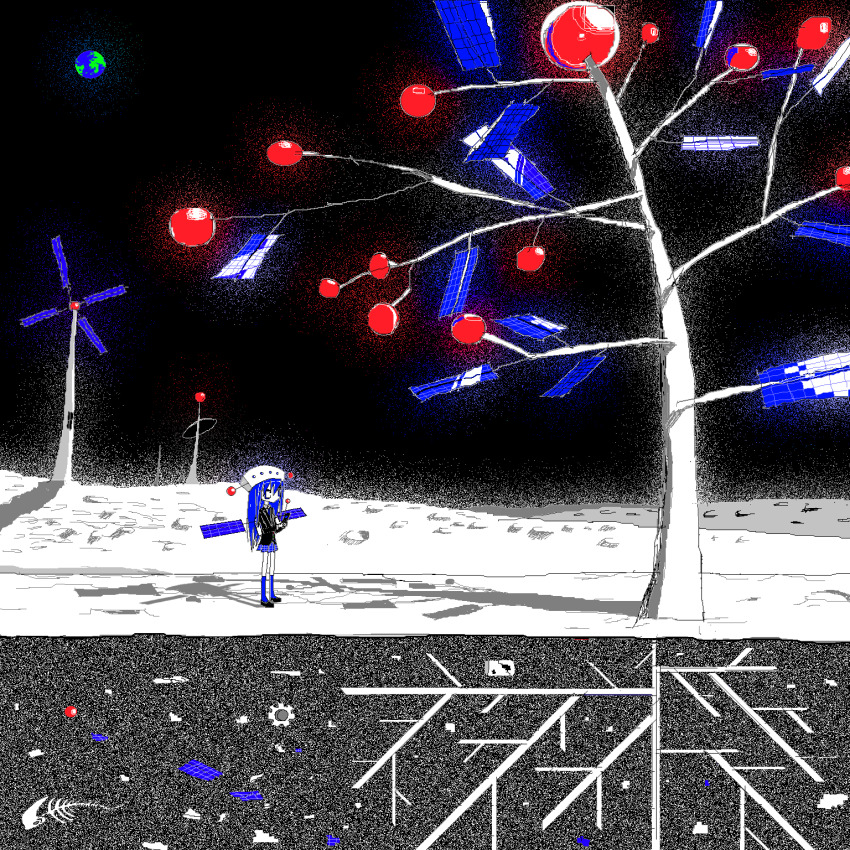 1girl, antennae, black_shoes, black_sky, black_suit, bloom, blue_hair, blue_skirt