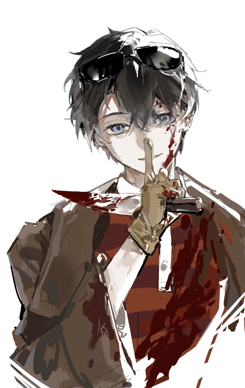 1boy, ateveryone, black_hair, blood, blood_on_clothes, blood_on_face, blood_on_hands, bloody_knife